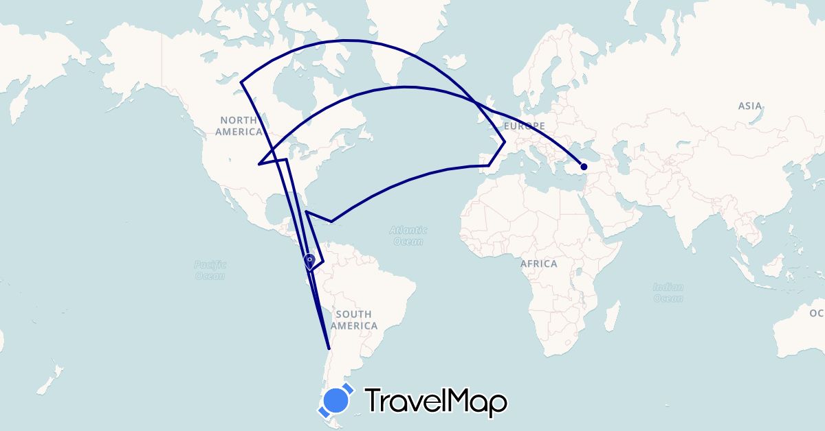 TravelMap itinerary: driving in Canada, Chile, Colombia, Cuba, Dominican Republic, Ecuador, Spain, France, United Kingdom, Turkey, United States (Asia, Europe, North America, South America)