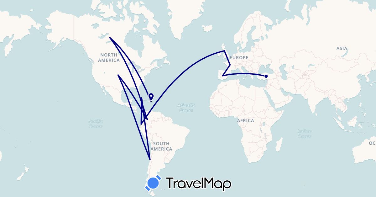 TravelMap itinerary: driving in Canada, Chile, Colombia, Cuba, Dominican Republic, Ecuador, Spain, France, United Kingdom, Peru, Turkey, United States (Asia, Europe, North America, South America)